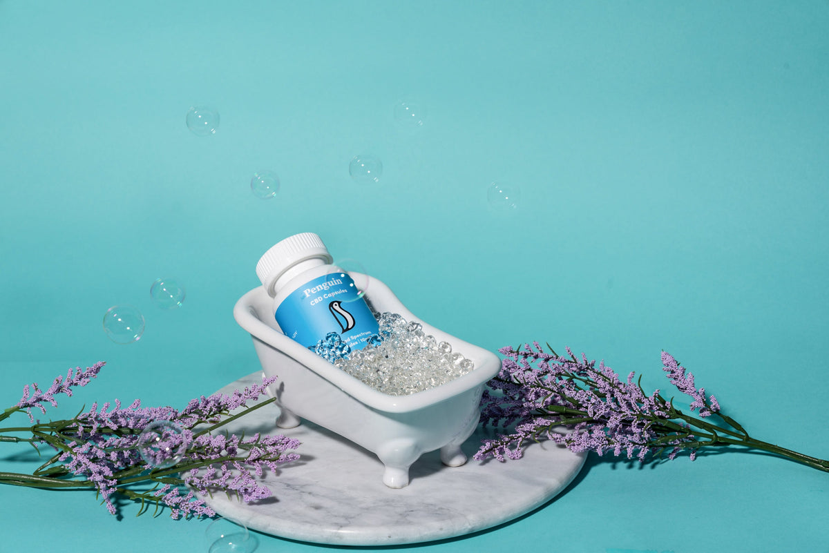 Penguin Wellness CBD oil bottle for natural anxiety and stress relief made with broad spectrum Oregon-grown hemp and no THC
